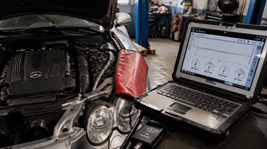 A Mercedes-Benz SL-Class being serviced inside Simon’s Automotive Service Center, showing the engine and diagnostic screen displaying hydraulic pressure values.
