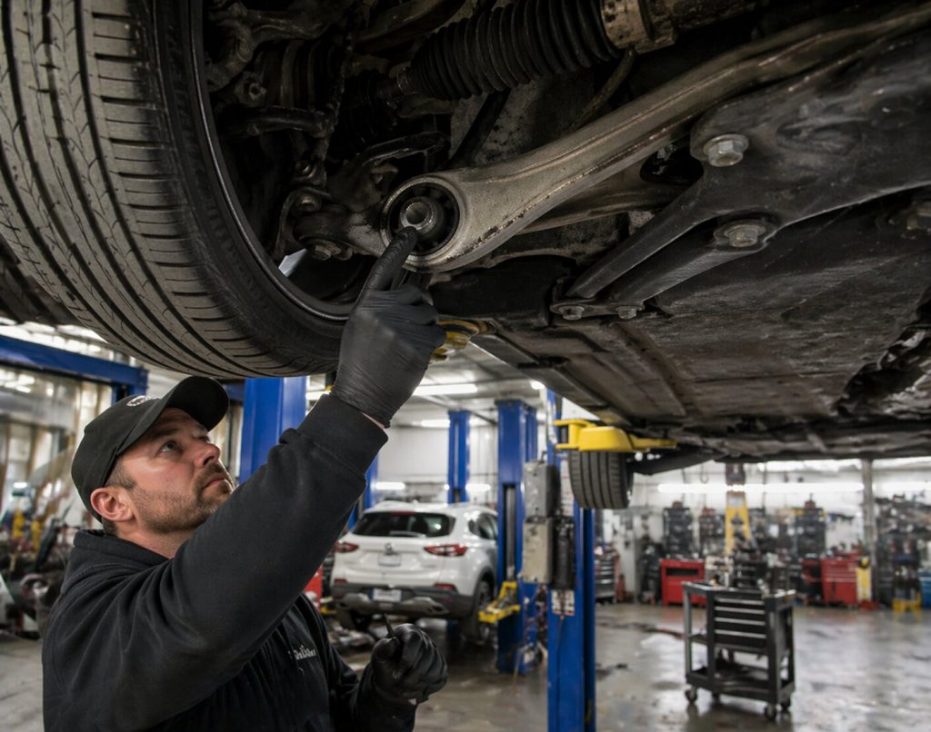 A mechanic inspecting the suspension bushing of an electric vehicle (EV) inside Simon’s Automotive Service Center.