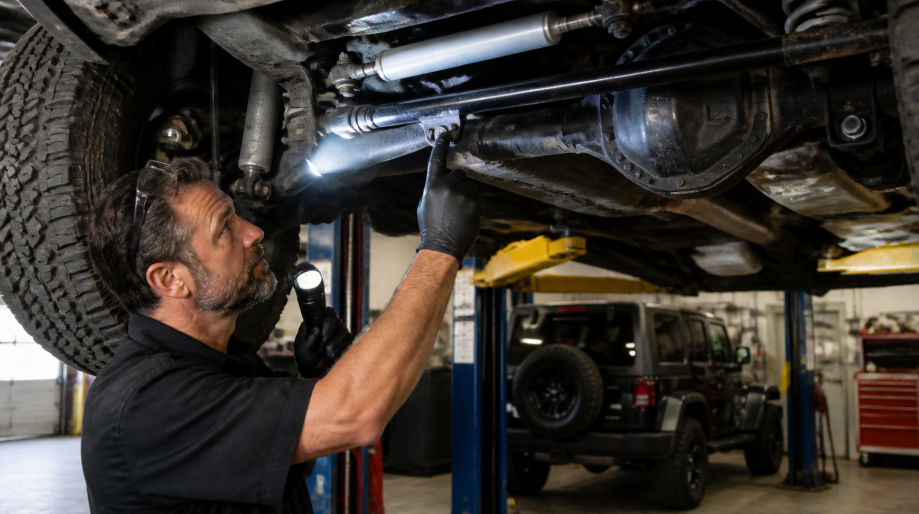A mechanic inspecting the undercarriage of a lifted Jeep in Simon's Automotive Service Center, using a flashlight to check suspension components.