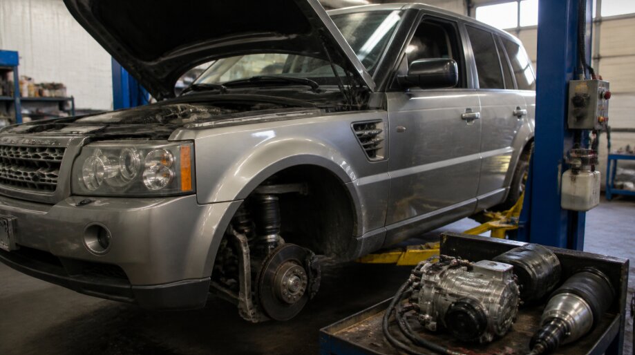 A silver Land Rover in Simon's Automotive Service Center with its suspension components exposed, showcasing air suspension diagnostics.