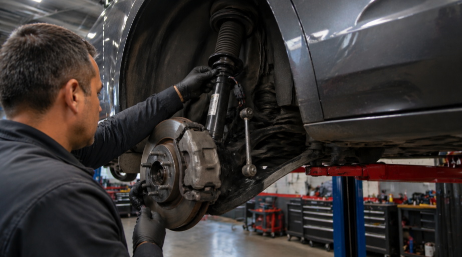 A mechanic inspects and works on the suspension system of a Cadillac vehicle in Simon’s Automotive Service Center, focusing on the strut and brake components, with the car lifted for repairs.