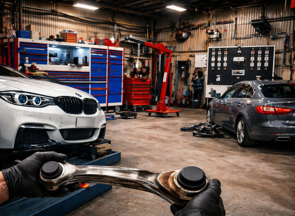 A mechanic inspects a damaged control arm on a white BMW, while a gray Audi sits in the background for ADAS calibration, surrounded by an organized workshop with repair equipment in Simon’s Automotive Service Center.