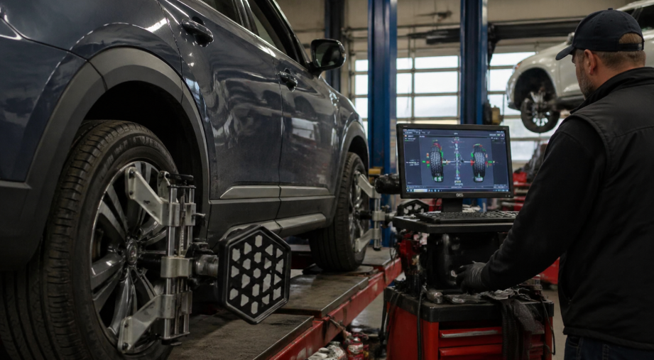 A mechanic performing a wheel alignment on a Subaru in Simon’s Automotive Service Center.