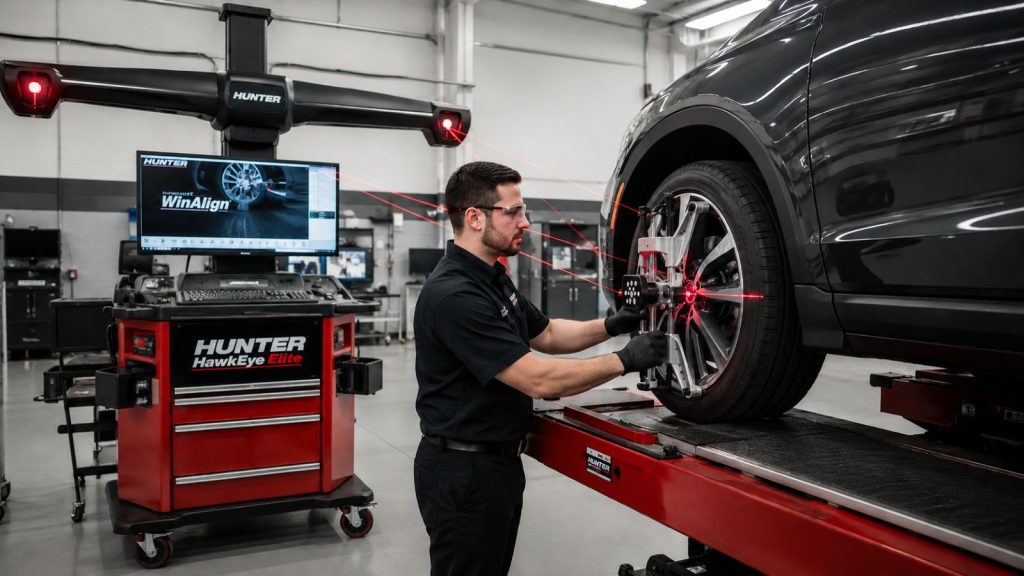 A technician at Simon's Automotive Service Center using the Hunter Hawkeye Elite laser system to perform a forensic wheel alignment on a vehicle.