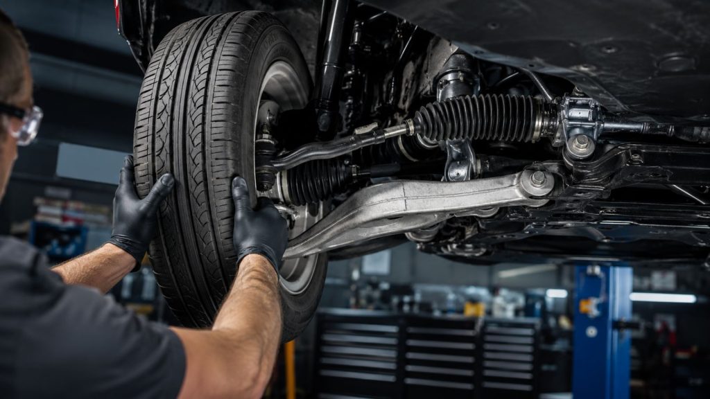 A mechanic at Simon’s Automotive Service Center performs a precise "3 and 9" o'clock steering wiggle test on a vehicle wheel to identify tie-rod play and ensure safe handling for navigating Abington school zones.