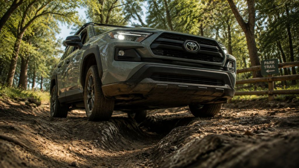 A low-angle, cinematic shot of a mid-size SUV navigating deep, hardened mud ruts and uneven terrain on an unpaved pathway in Island Grove Park, highlighting the minimal clearance between the vehicle's underbody and the jagged ground.