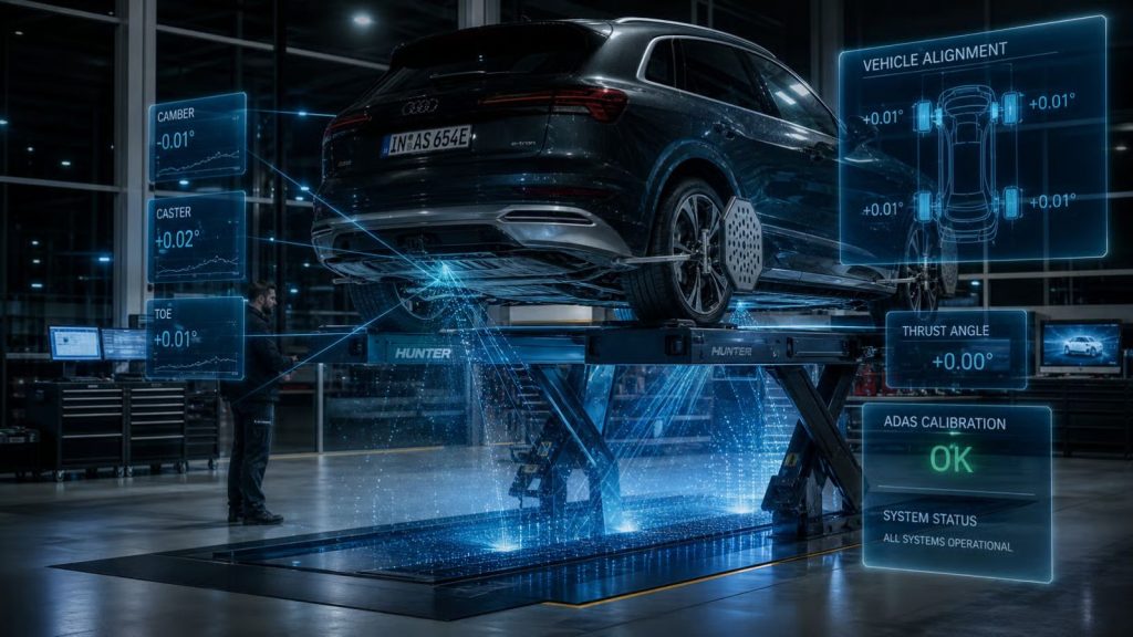 A modern automotive diagnostic bay at Simon's Automotive showing a smart car on a precision lift being scanned by high-tech, blue-light laser arrays and holographic geometric data overlays for sub-millimeter alignment accuracy.