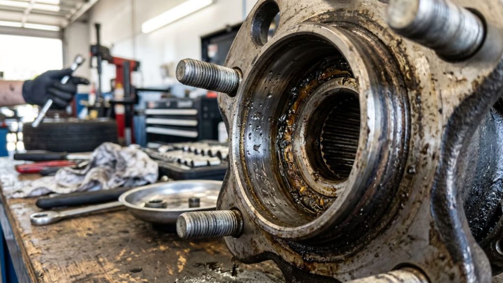 Close-up view of a damaged Chrysler wheel hub assembly showing metallic pitting and flat spots in the steel raceway caused by suspension vibration.