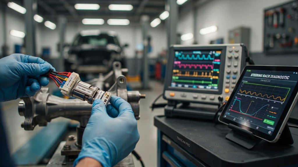 Automotive technician performing a precision diagnostic check on a modern steer-by-wire electronic steering rack using a tablet and oscilloscope at Simon's Automotive Service.