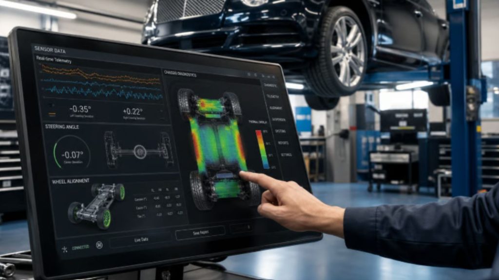 A professional mechanic at Simon's Automotive Service uses a digital diagnostic terminal to analyze real-time chassis sensor data and heat-mapped diagnostics on a luxury vehicle, ensuring proactive suspension maintenance.