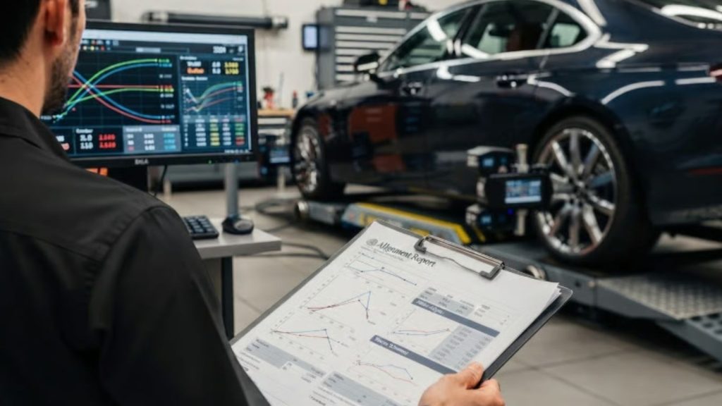 A professional technician reviewing detailed laser alignment specifications on a digital monitor at Simon’s Automotive, with a printed service log in the foreground, representing verified mechanical provenance.