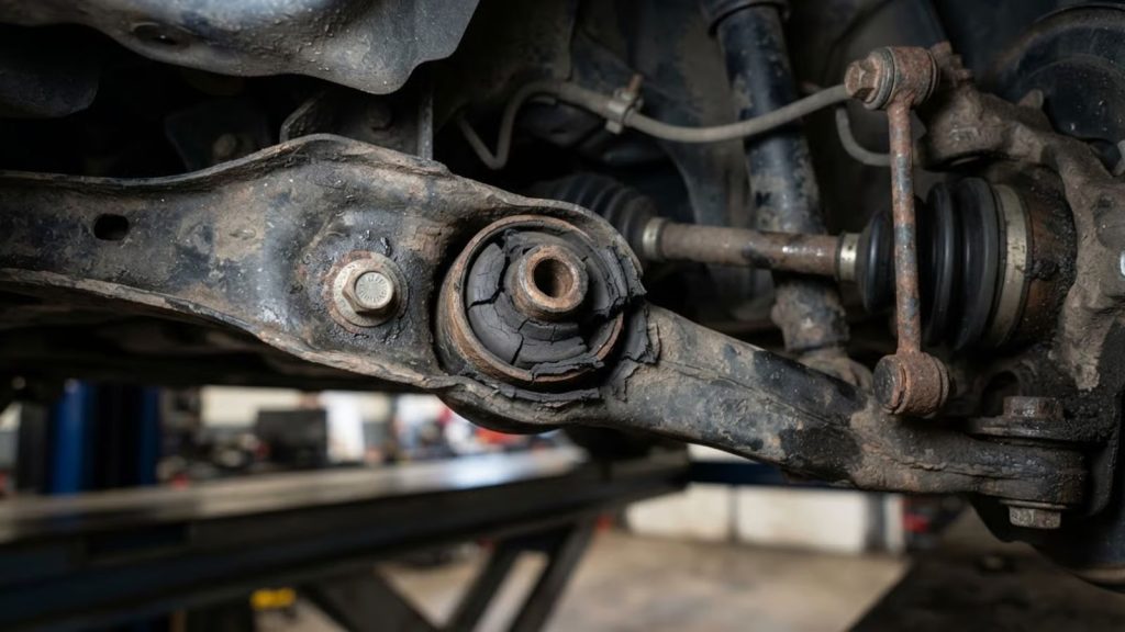 A close-up, high-definition macro view of a torn lower control arm bushing on a vehicle suspension, illuminated by diagnostic lighting at Simon's Automotive.