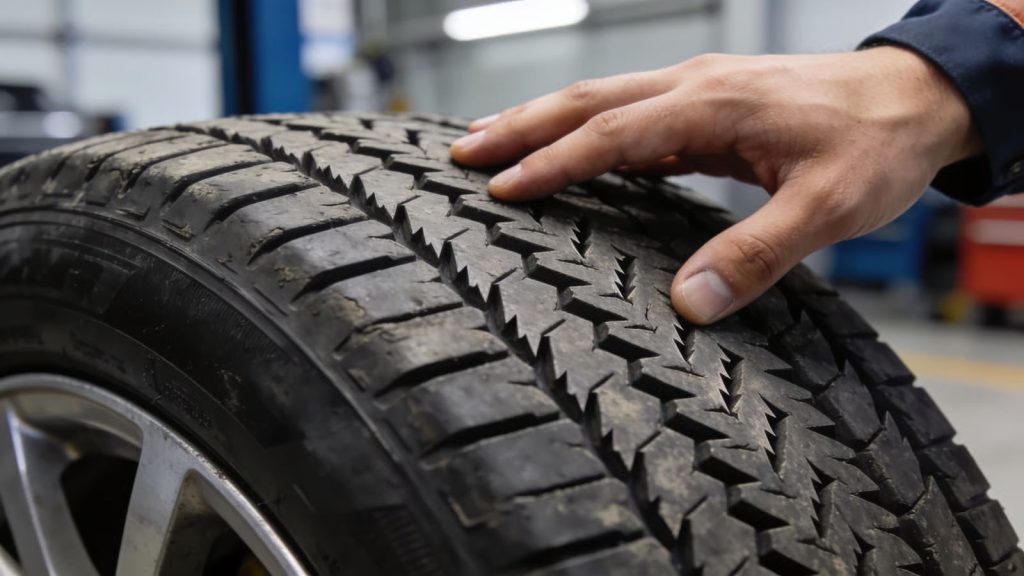 A professional mechanic's hand inspecting a car tire for sawtooth feathering patterns to detect hidden frame damage during a pre-purchase vehicle inspection.