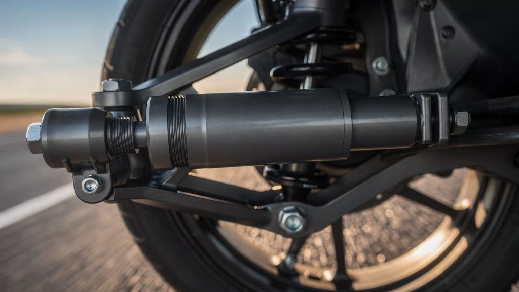 High-performance 6061-T6 aluminum shock absorber for improved vehicle agility, captured in professional studio lighting with a blurred asphalt road background.