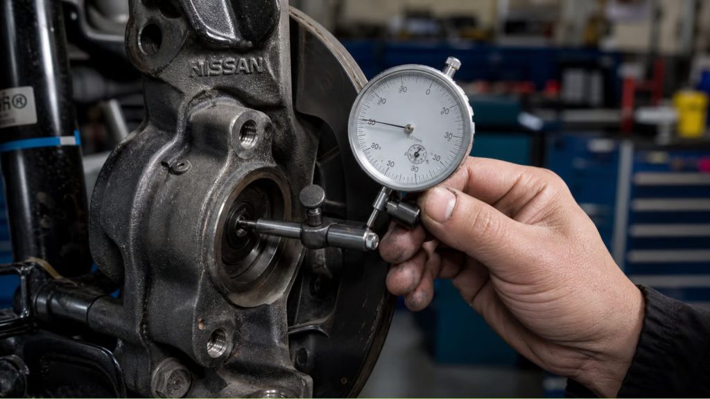 A mechanic uses a precision dial indicator gauge to measure vertical deflection in a Nissan steering knuckle assembly to detect worn lower ball joints.