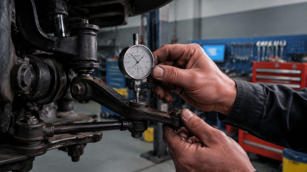 A close-up view of a mechanic's hands using a precision analog dial indicator to measure play in a vintage Pontiac idler arm linkage inside a professional automotive garage.