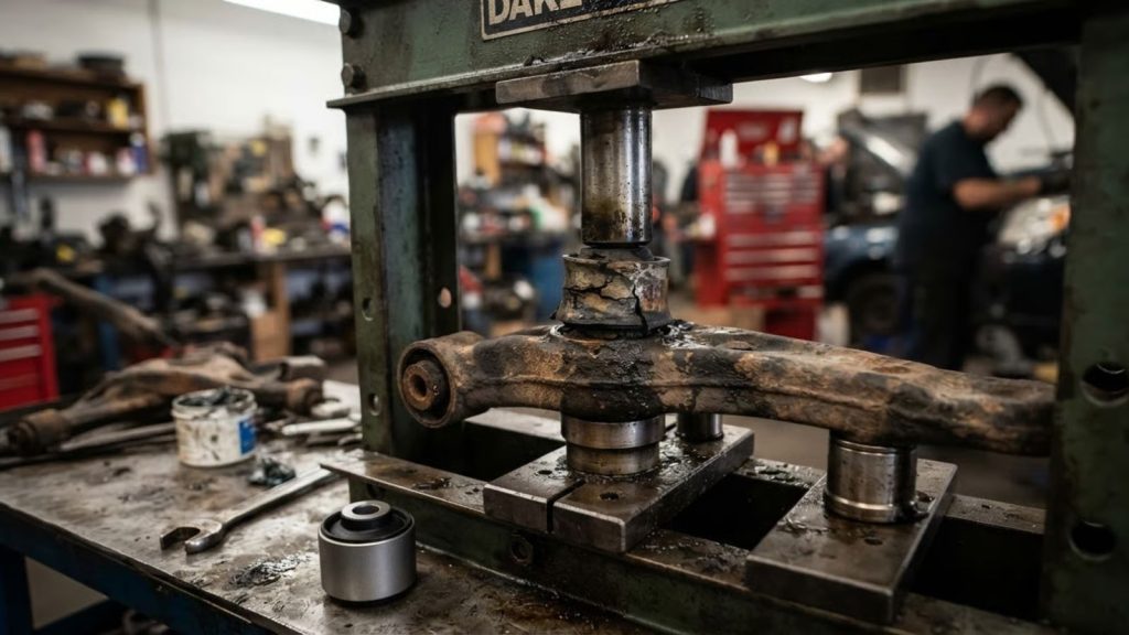 A mechanic using a professional hydraulic shop press at Simon’s Automotive to replace a worn, torn rubber control arm compliance bushing with a new, high-quality replacement to restore steering precision for a high-mileage Honda.