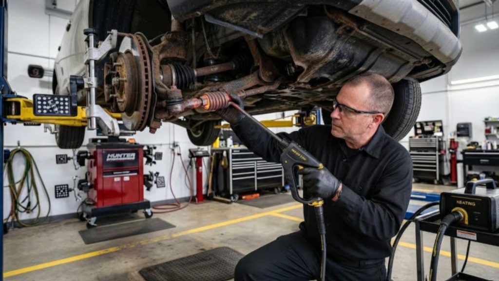 A mechanic at Simon’s Automotive Service Center using a precision magnetic induction tool to safely heat and loosen a seized, salt-corroded steering tie-rod linkage.