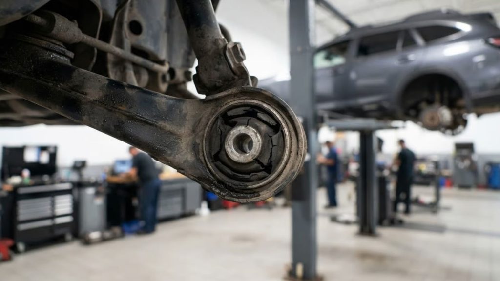 A professional mechanic performing a forensic inspection on a torn lower control arm bushing, showing the vulcanized rubber sleeve separated from the metal casing due to suspension damage from North Abington road ridges.