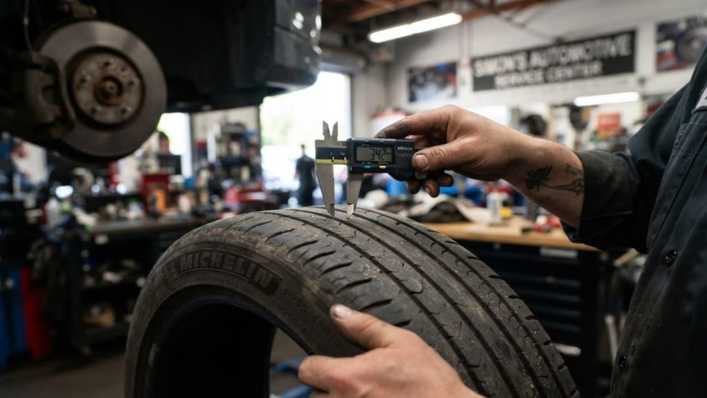 Mechanic at Simon's Automotive using a digital caliper to measure advanced tread cupping and scalloped wear on a car tire, illustrating the damage caused by failing struts.