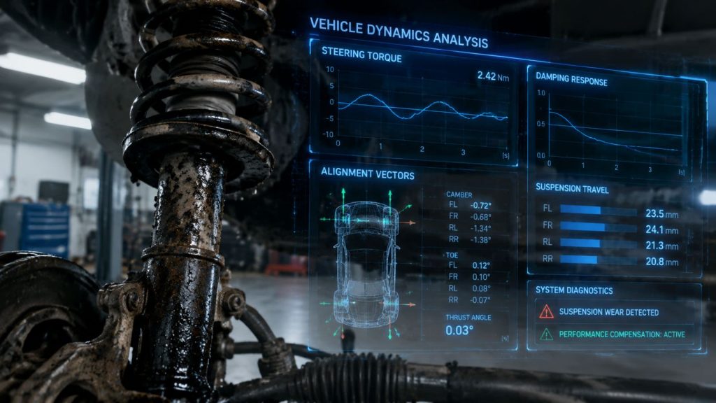 A modern automotive suspension strut shown in a workshop environment with a glowing blue digital HUD overlay displaying steering torque and alignment data, contrasting physical mechanical wear with electronic diagnostic software.