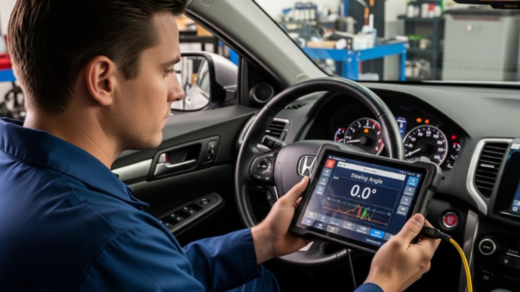 Mechanic using a professional scan tool to perform a digital zero-point calibration on a Honda or Acura's Electronic Power Steering (EPS) system after a rack replacement.