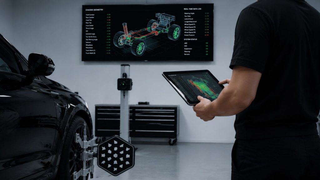 A technician at Simon's Automotive using a digital tablet to analyze real-time chassis geometry heatmaps and vehicle data bus logs, with a 3D wireframe model of a suspension system visible on a background screen.